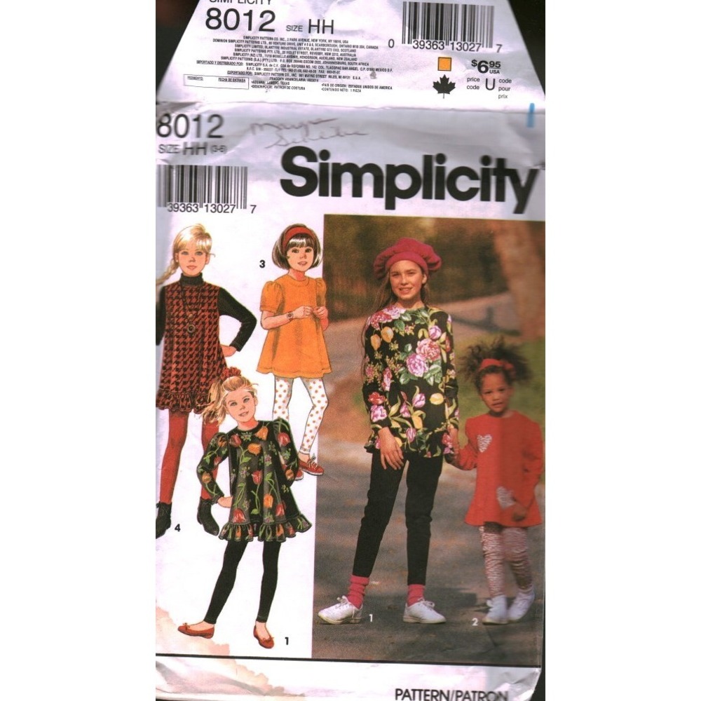 Simplicity 8012 Girls Sewing Pattern Kids‎ Leggings and Tops Size HH 3-4-5-6